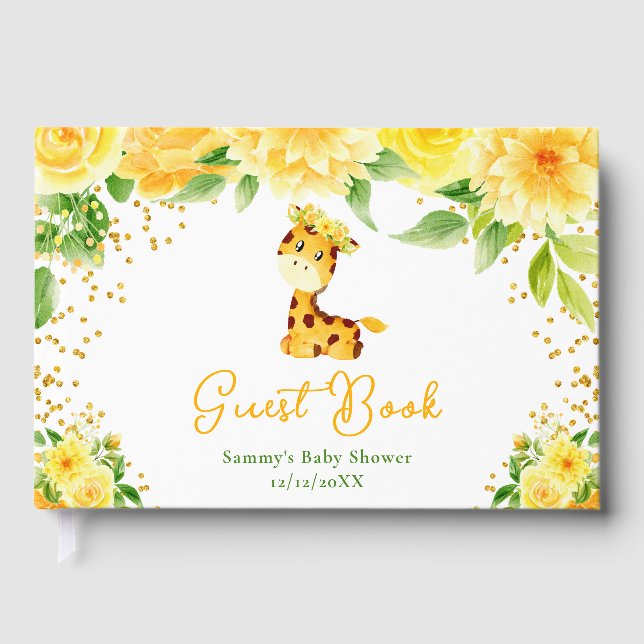 Libro De Visitas Ducha de Bebé Floral Amarillo Jirafa (Anverso)