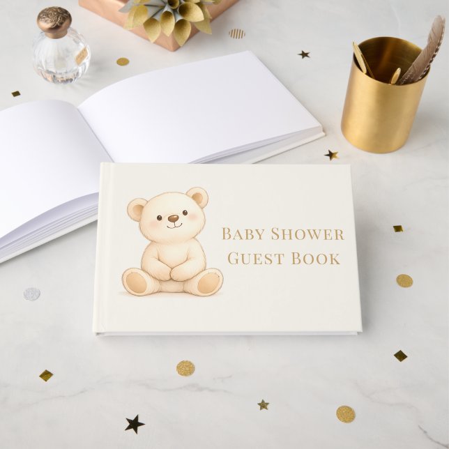 Libro De Visitas Ducha de Bebé Oso Teddy Boho Neutral (Anverso Abierto)