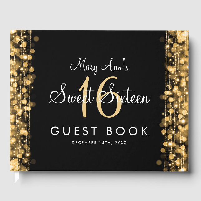 Libro De Visitas Dulce 16 Fiesta de Guestbook Sparkles Gold (Anverso)