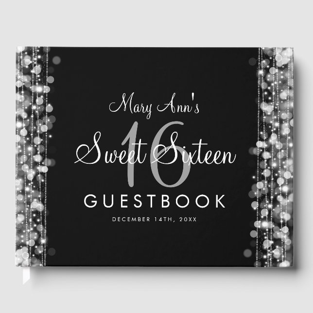 Libro De Visitas Dulce 16 Fiesta de Guestbook Sparkles Silver (Anverso)