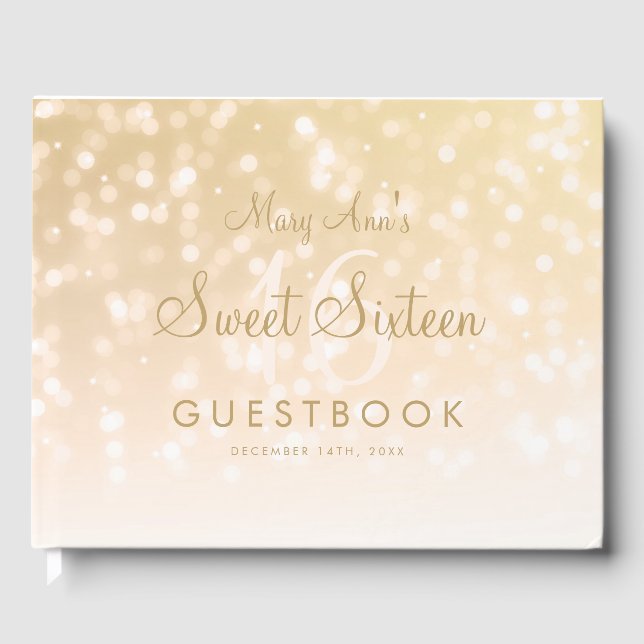 Libro De Visitas Dulce 16 Fiestas Guestbook Gold Bokeh Sparkle Ligh (Anverso)
