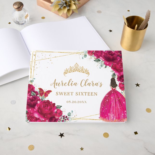 Libro De Visitas Dulce 16 Fuchsia Flores Florales Calientes Rosa Pr (Anverso Abierto)