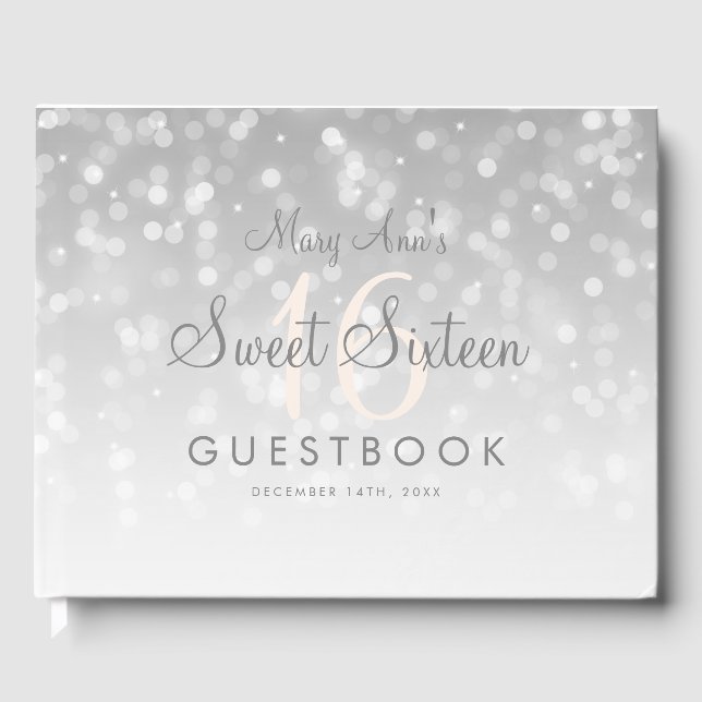 Libro De Visitas Dulce 16 Guestbook Silver Bokeh Sparkle Light (Anverso)
