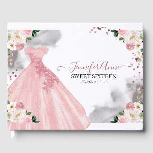 Libro De Visitas Dulce 16 Rosa Dorado Color de agua rosa Flor Vesti