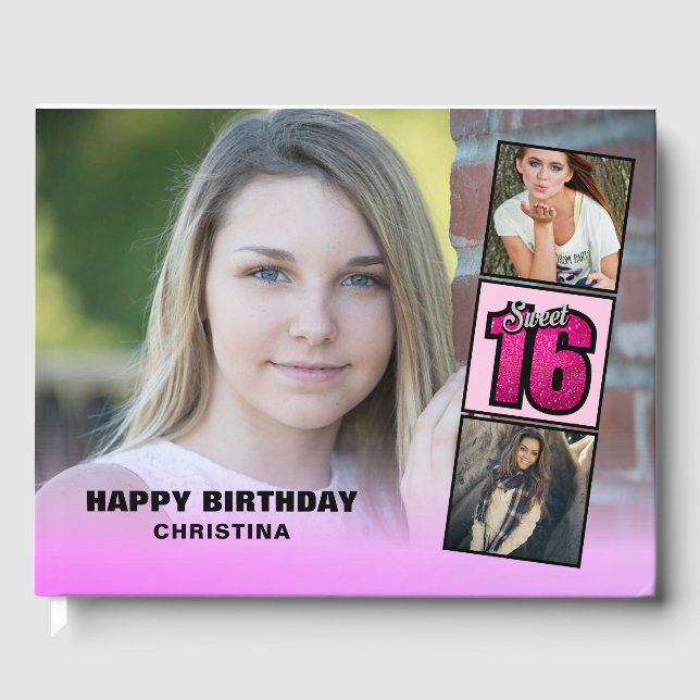 Libro De Visitas Dulce Dieciséis Collages de fotos Purpurina Rosado (Anverso)