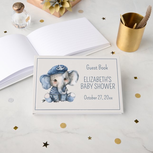 Libro De Visitas Dulce Fiesta de Bebé Elefante Azul Náutico (Anverso Abierto)