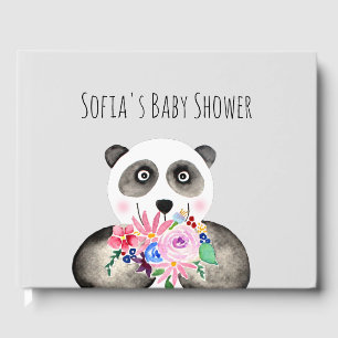 Libro De Visitas Dulce Oso Panda y Flores en Acuarela para Baby Sho