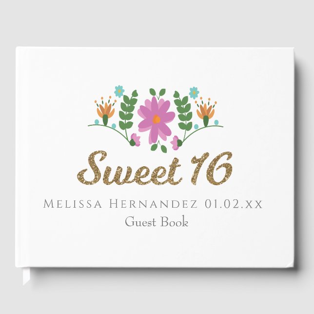 Libro De Visitas Dulces 16 Brillo Floral Flor Mexicana (Anverso)