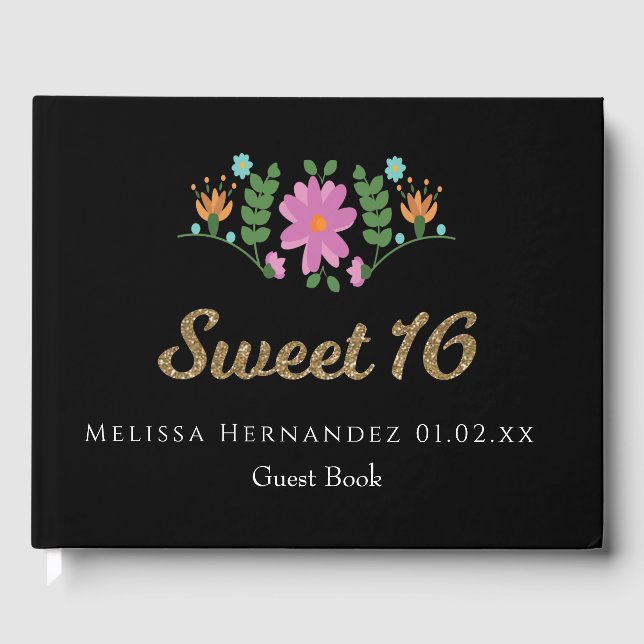 Libro De Visitas Dulces 16 Brillo Floral Flor Mexicana (Anverso)