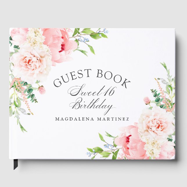 Libro De Visitas Dulces 16 Cumpleaños Fiesta Floral Rosa Personaliz (Anverso)