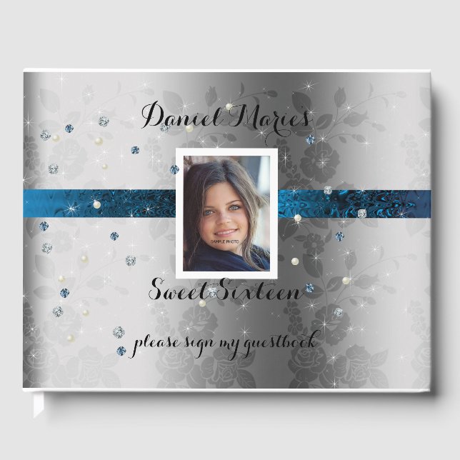 Libro De Visitas Dulces Dieciséis, Foto, Satén Teal, Brillo, Gemas (Anverso)