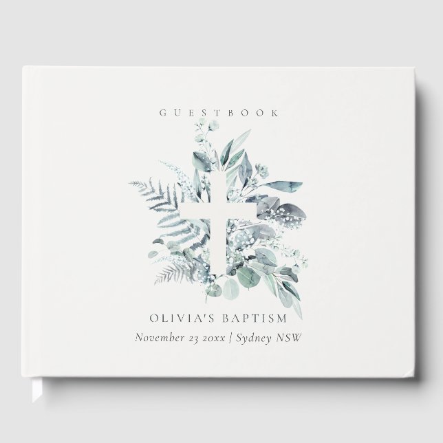 Libro De Visitas Dusky Blue Eucalyptus Fern Foliage Cross Baptism (Anverso)