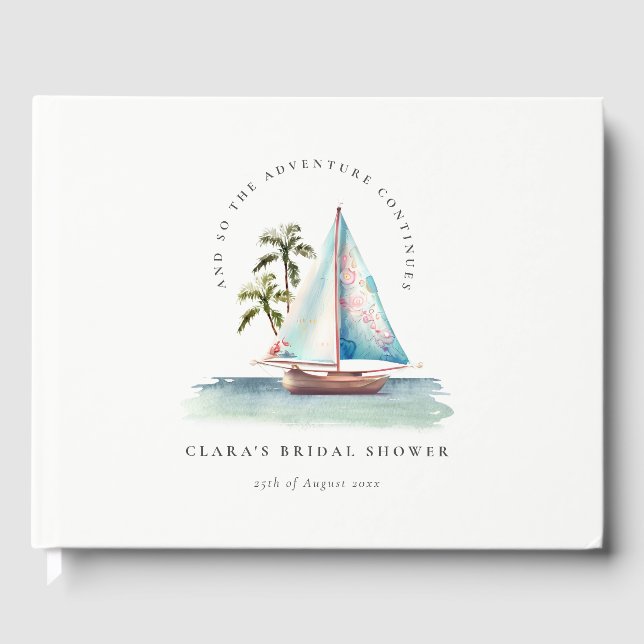 Libro De Visitas Dusky Verde azulado Sailboat Palm Seascape Bridal  (Anverso)
