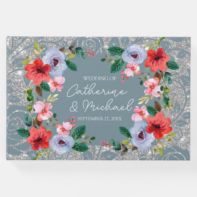 Libro De Visitas Duste Blue Silver Purpurina Floral acuarela (Anverso)