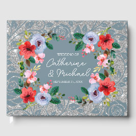 Libro De Visitas Duste Blue Silver Purpurina Floral acuarela