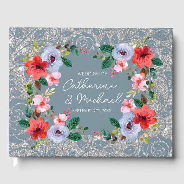 Libro De Visitas Duste Blue Silver Purpurina Floral acuarela (Anverso)
