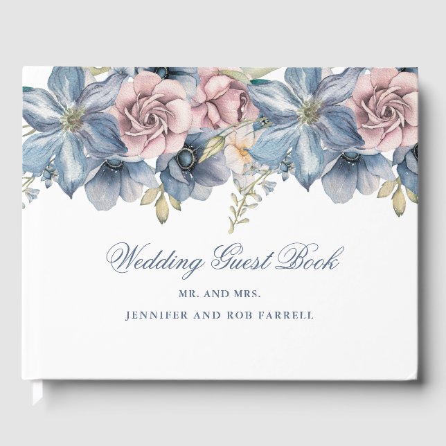 Libro De Visitas Dusty Blue and Mauve Floral Boda (Anverso)
