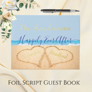 Libro De Visitas Dusty Blue Beach Wedding Guión dorado o plateado