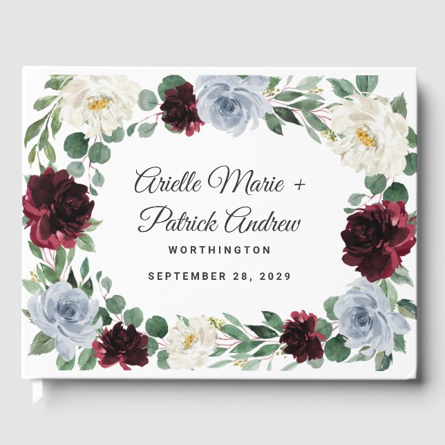 Libro De Visitas Dusty Blue Burgundy Cranberry Ivory Fall Wedding (Anverso)