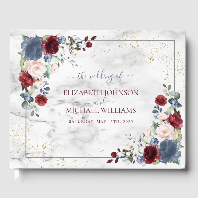 Libro De Visitas Dusty Blue Burgundy Rubor Gold Floral Boda (Anverso)