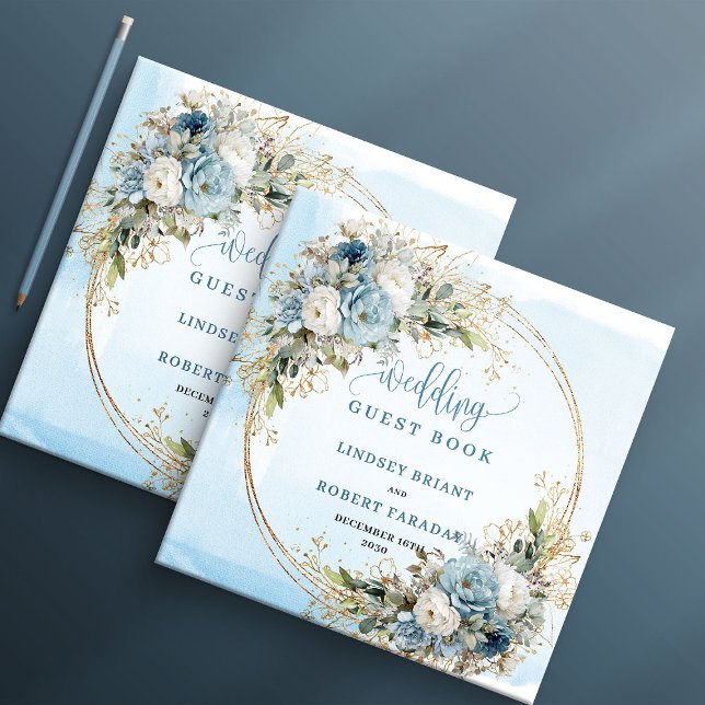 Libro De Visitas Dusty Blue Floral Greenery Gold Glitter Wedding  (Dusty Blue Floral Greenery Gold Glitter Wedding Book

)
