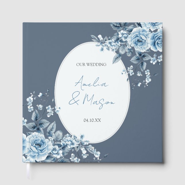Libro De Visitas Dusty Blue Floral Script Elegant Wedding  (Anverso)