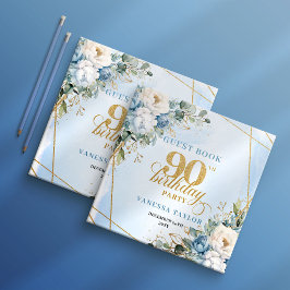 Libro De Visitas Dusty Blue Flowers Elegant Script 90th Birthday 
