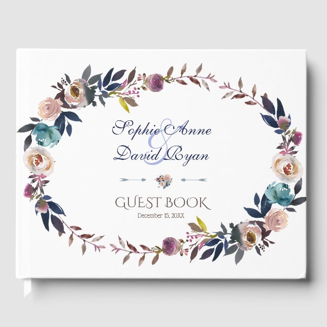 Libro De Visitas Dusty Blue Misty Rosa Wreath Boda (Anverso)