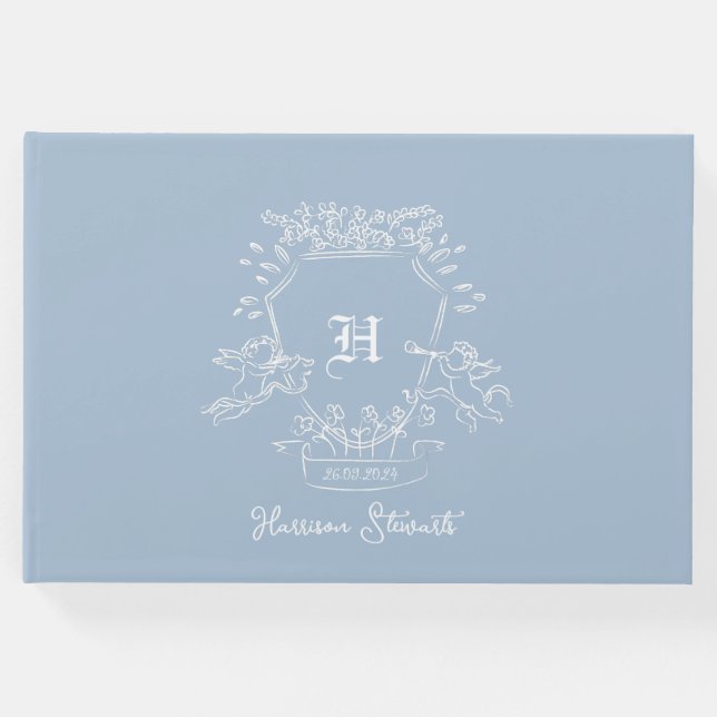 Libro De Visitas Dusty Blue Monogram Baby Shower Guest Book (Anverso)