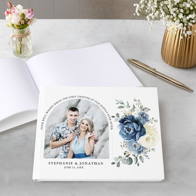 Libro De Visitas Dusty Blue Navy Champagne Boda de marfil (Dusty Blue Navy Champagne Ivory Wedding Photo Guest Book)