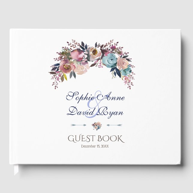 Libro De Visitas Dusty Blue Pink Floral Bouquet Boda (Anverso)