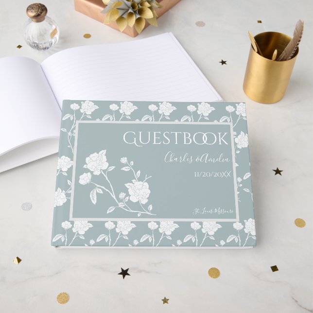 Libro De Visitas Dusty Blue Rose Wedding Guest Book (Anverso Abierto)