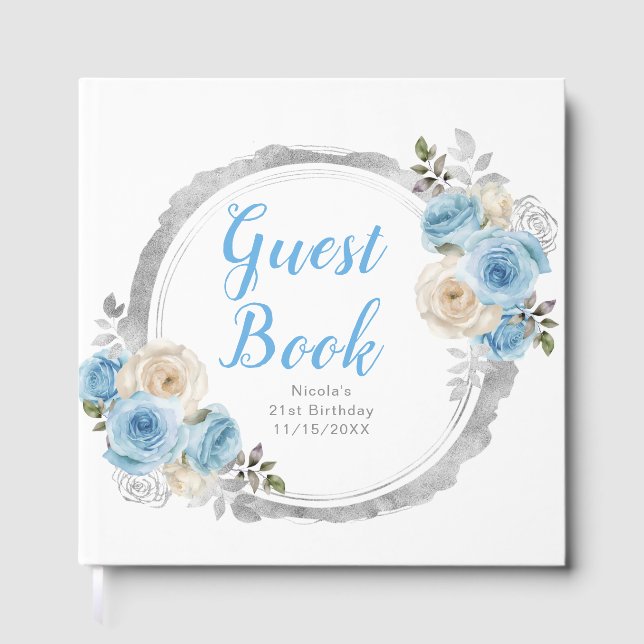 Libro De Visitas Dusty Blue Silver Elegant Flowers Birthday Party (Anverso)