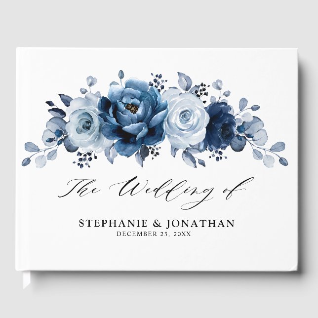 Libro De Visitas Dusty Blue Slate Navy Boda Botánico Floral (Anverso)