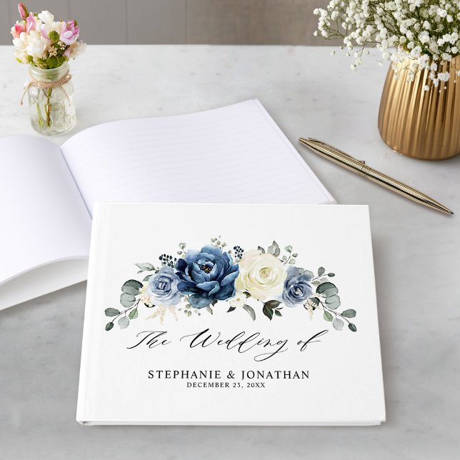 Libro De Visitas Dusty Marina Azul Champagne Boda de marfil (Dusty Blue Navy Champagne Ivory Floral Wedding Guest Book)