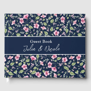 Libro De Visitas Dusty Navy Blue Pink Hibiscus Bloom Shower