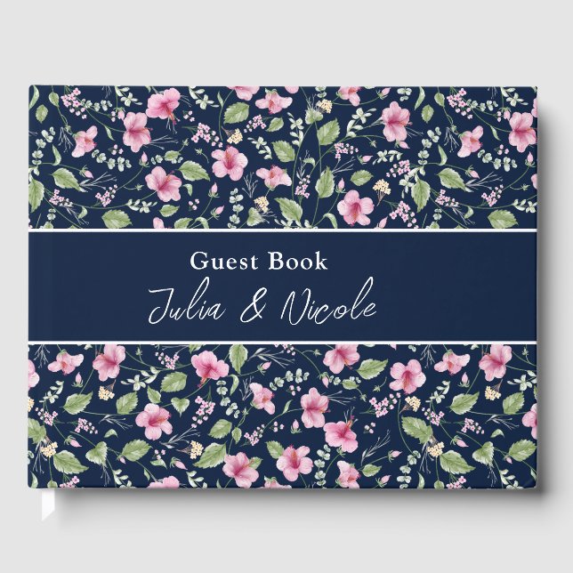 Libro De Visitas Dusty Navy Blue Pink Hibiscus Bloom Shower (Anverso)
