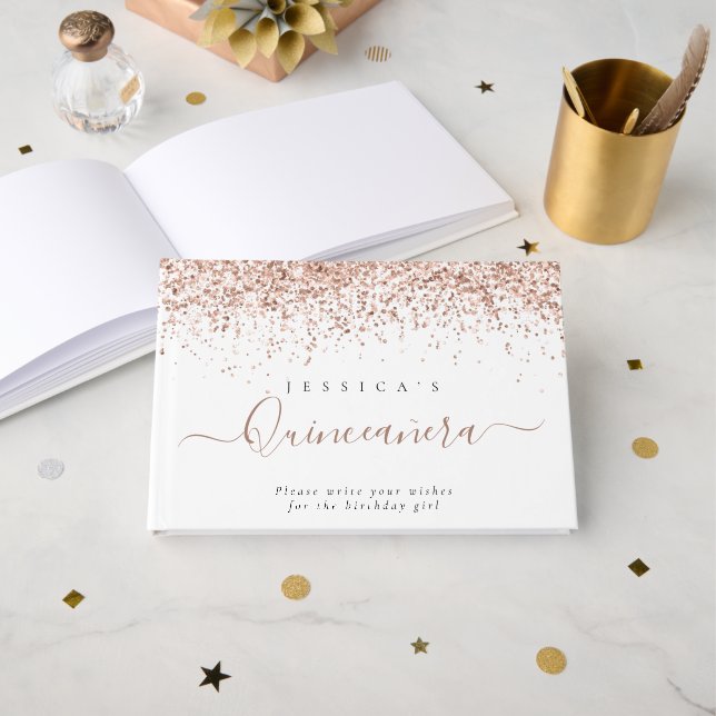 Libro De Visitas Dusty Rosa Purpurina Quinceanera (Anverso Abierto)