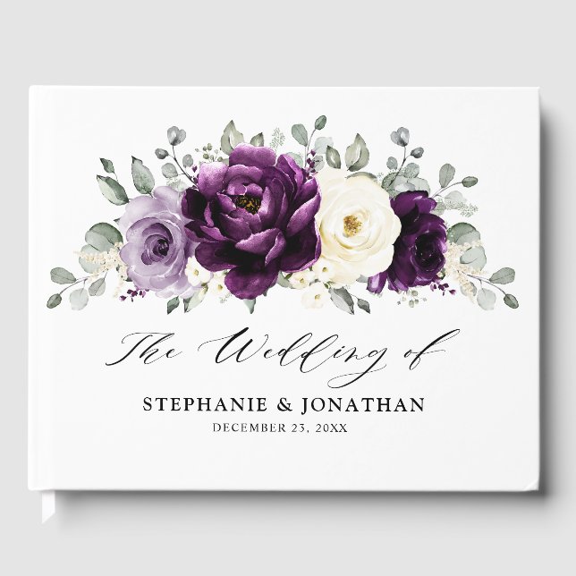 Libro De Visitas Eggplant Purple Plum Marfil White Floral Boda (Anverso)