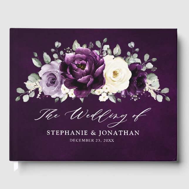 Libro De Visitas Eggplant Purple Plum Marfil White Floral Boda Gu (Anverso)