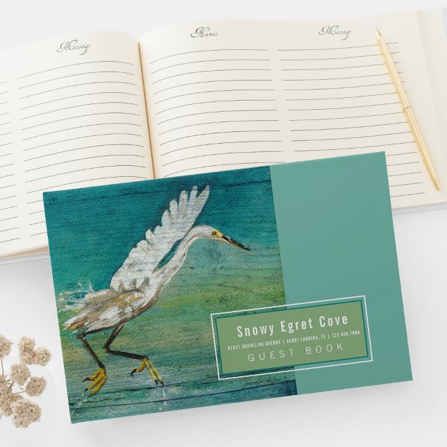 Libro De Visitas Egret Beach House Vacation Rental Guest Book (Gorgeous Egret Shorebird On Water Art Guest Book from Jenn's Emporium. )