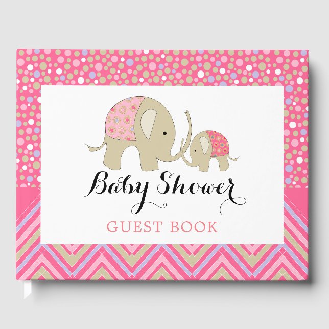 Libro De Visitas Elefante bohemio rosa y Baby Shower Chevron (Anverso)