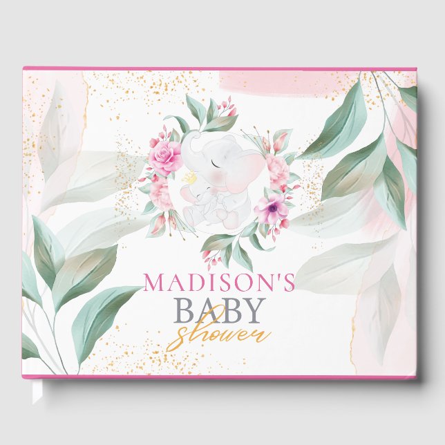 Libro De Visitas Elefante de ducha bebé chica elegante personalizad (Anverso)