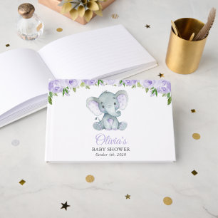 Libro De Visitas Elefante, Flores de color morado, Baby Shower