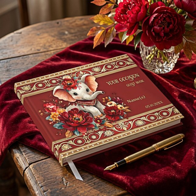 Libro De Visitas Elefante Rosa Peonía Floral India (Whimsical yet traditional Indian  style guest book with baby elephant )