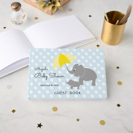 Libro De Visitas Elefante y bebé, paraguas, Baby Shower azul