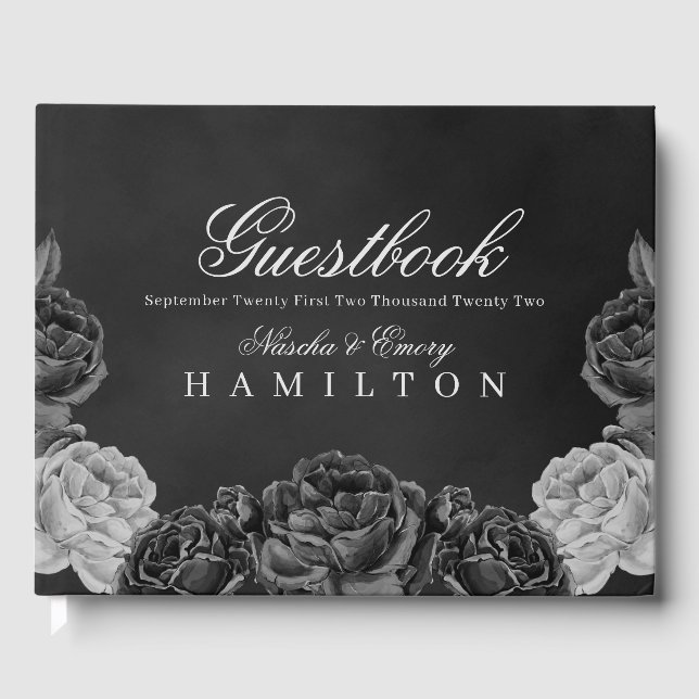 Libro De Visitas Elegancia gótica Gris Monocromo Boda Rosa (Anverso)