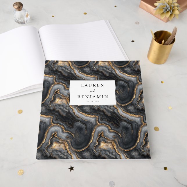 Libro De Visitas Elegancia Gris Marmoleada de Lujo (Anverso Abierto)
