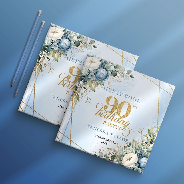 Libro De Visitas Elegant 90th Birthday Dusty Blue Floral Frame Book (Timeless Dusty Blue Gold 90th Birthday Guest Book)