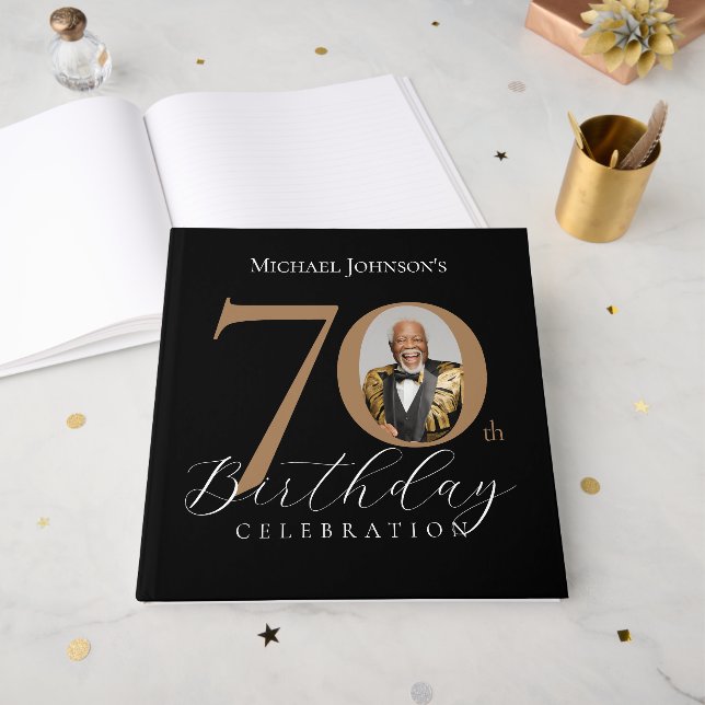 Libro De Visitas Elegant Black and Gold 70th Birthday (Anverso Abierto)